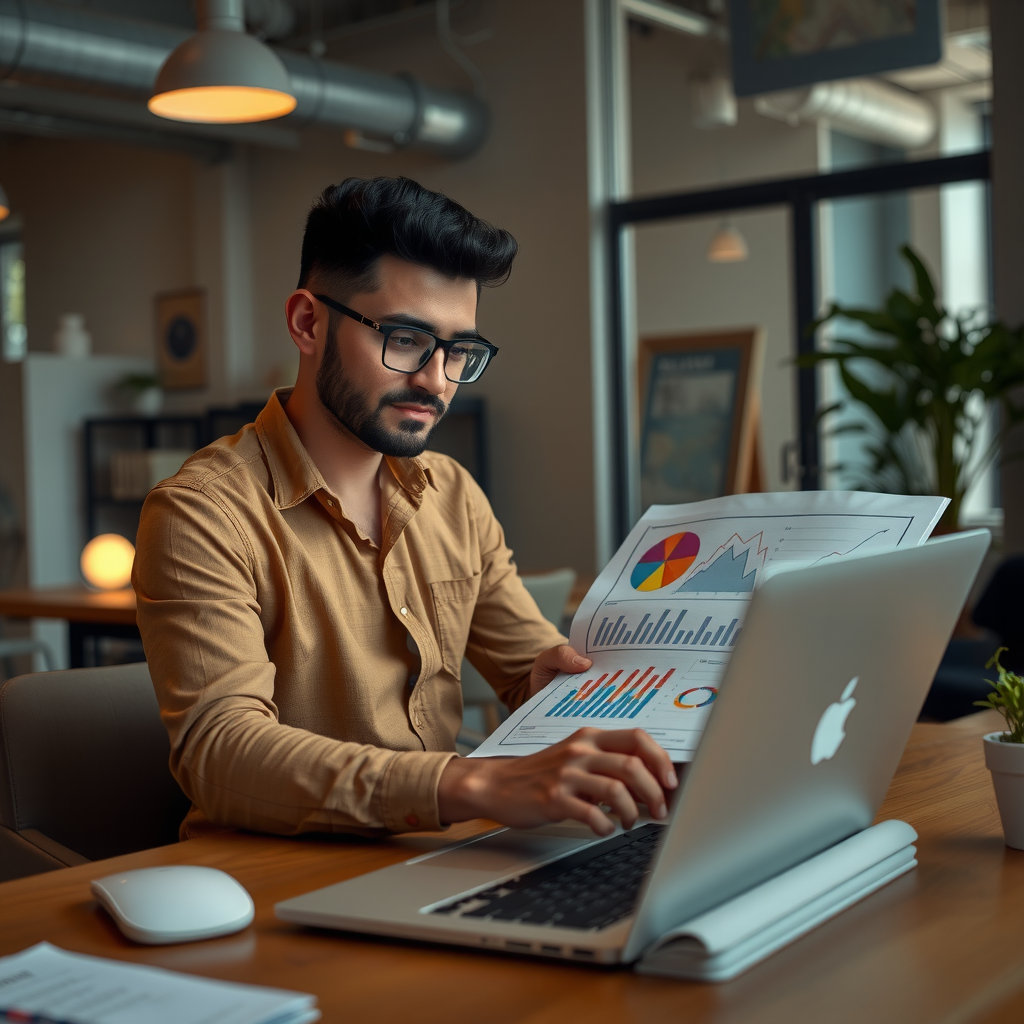 Entrepreneur working on laptop with business charts and startup planning materials, modern office environment with motivational atmosphere