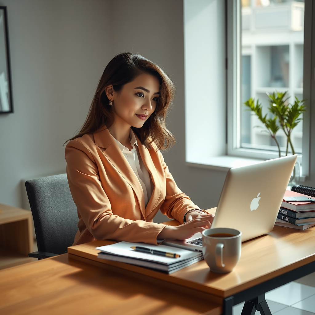 Professional woman in her 30s working confidently at a modern desk with laptop, business documents, and coffee, natural lighting from window, contemporary office setting