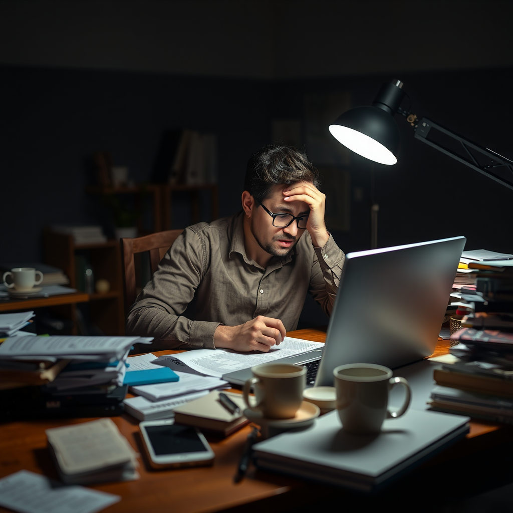 Stressed entrepreneur working late at night at a cluttered desk with laptop, papers, and coffee cups, representing the overwhelming first month of business launch