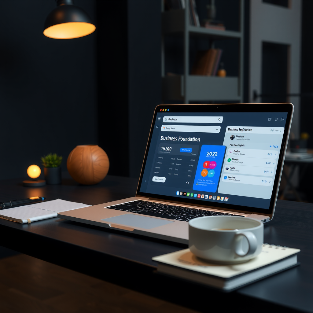 Modern workspace showing business foundation setup with laptop displaying business registration forms, payment processing dashboard, and brand design mockups on a dark desk with coffee and notebook
