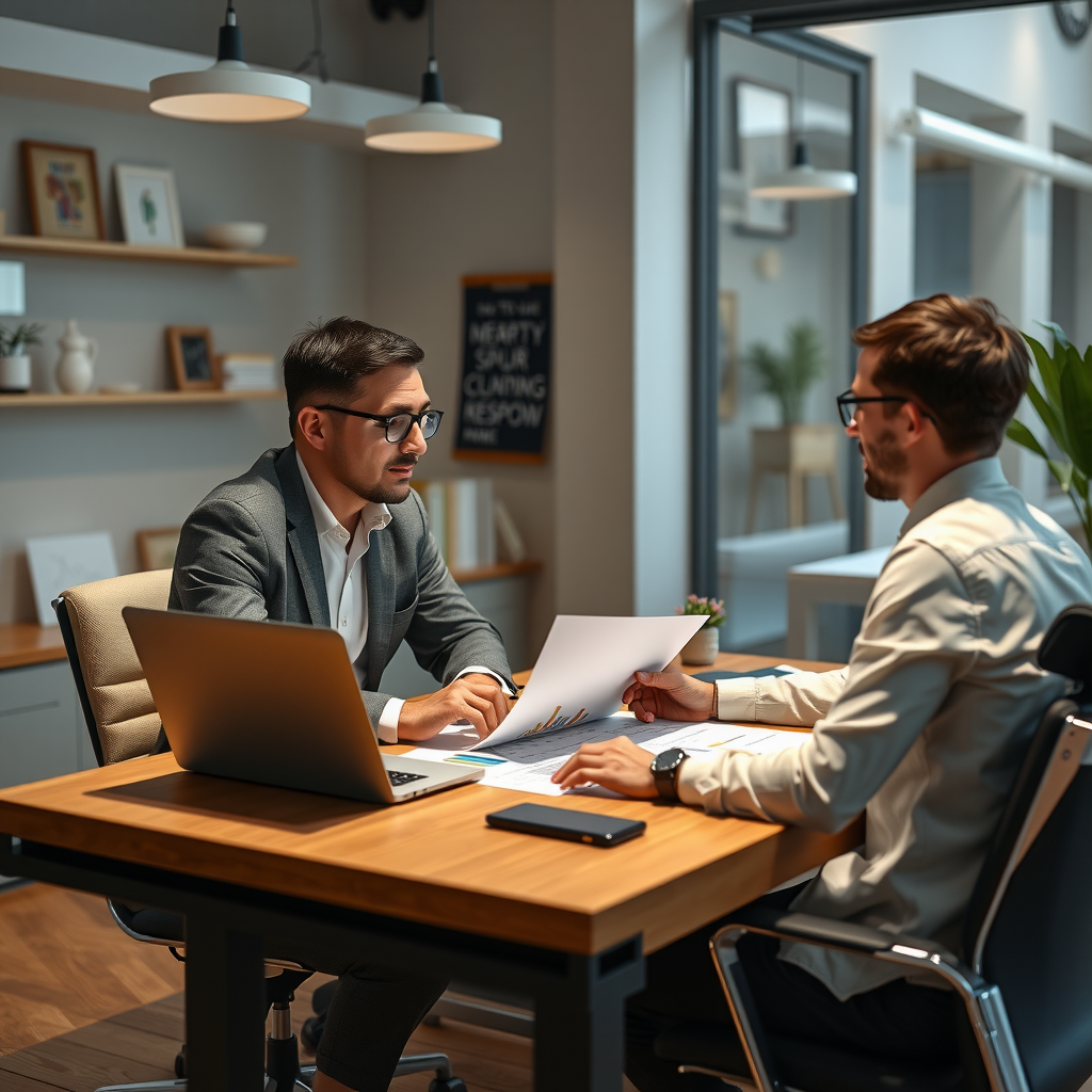 Professional business coach working one-on-one with entrepreneur at modern desk with laptop, charts and strategy documents, bright office environment with motivational elements