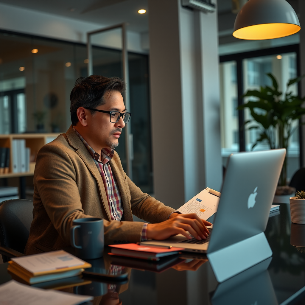 Entrepreneur working intensively on laptop with coach via video call, modern office setting, focused atmosphere, strategic planning materials visible