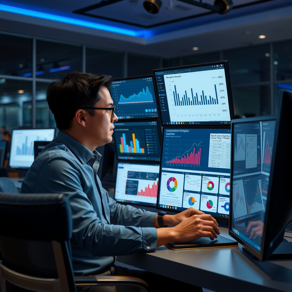 Professional business consultant analyzing market research data on multiple screens, showing charts, customer interview notes, and competitive analysis matrices in a modern office setting with blue accent lighting