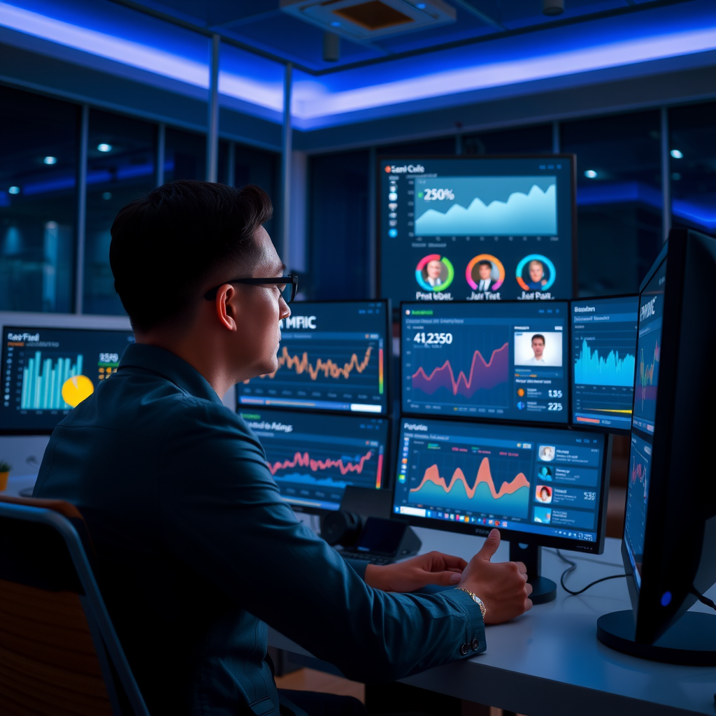 Professional business coach monitoring multiple screens showing launch metrics, customer feedback, and real-time analytics in a modern office setting with ambient blue lighting