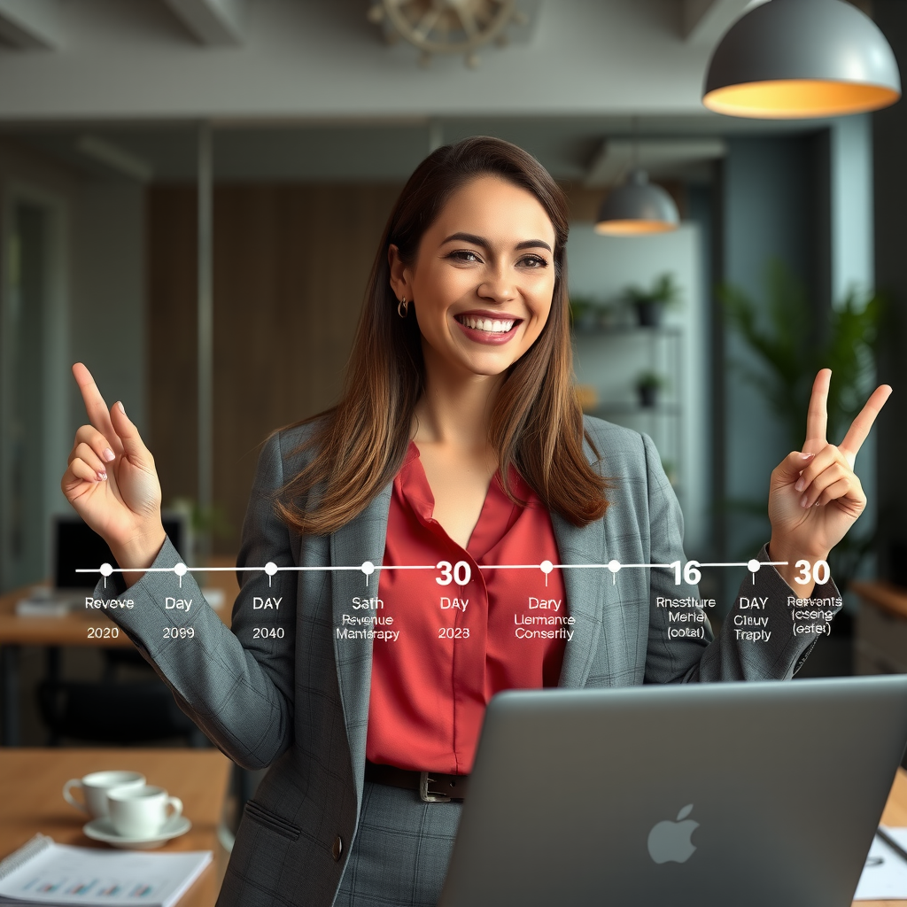 Professional woman entrepreneur Sarah celebrating her successful consulting business launch, showing timeline infographic from day 1 to day 30, with revenue charts and milestone markers, modern office background with laptop and business documents