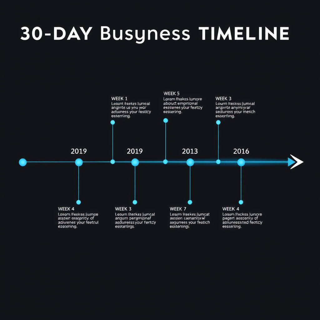 Visual timeline infographic displaying the 30-day business launch journey with key milestones marked at each week, modern design with electric blue accents on dark background