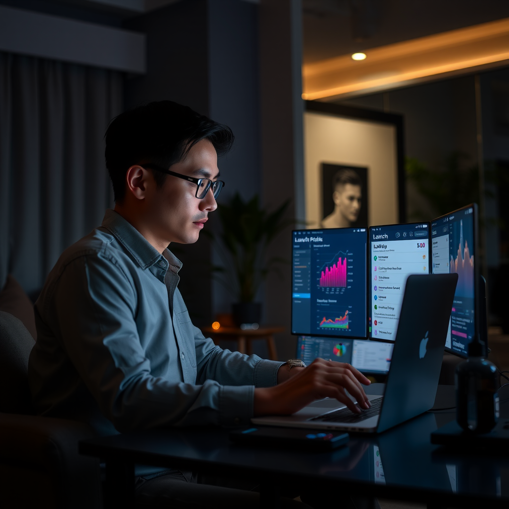 Focused entrepreneur working late at night on laptop with multiple screens showing business metrics, customer feedback, and launch checklist in a modern home office with ambient lighting