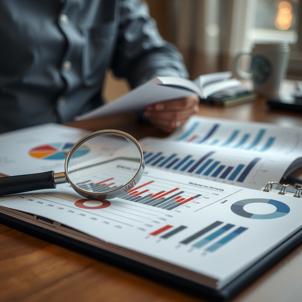 Market research analysis with graphs, customer interview notes, competitive analysis charts on desk, magnifying glass examining data, professional validation process