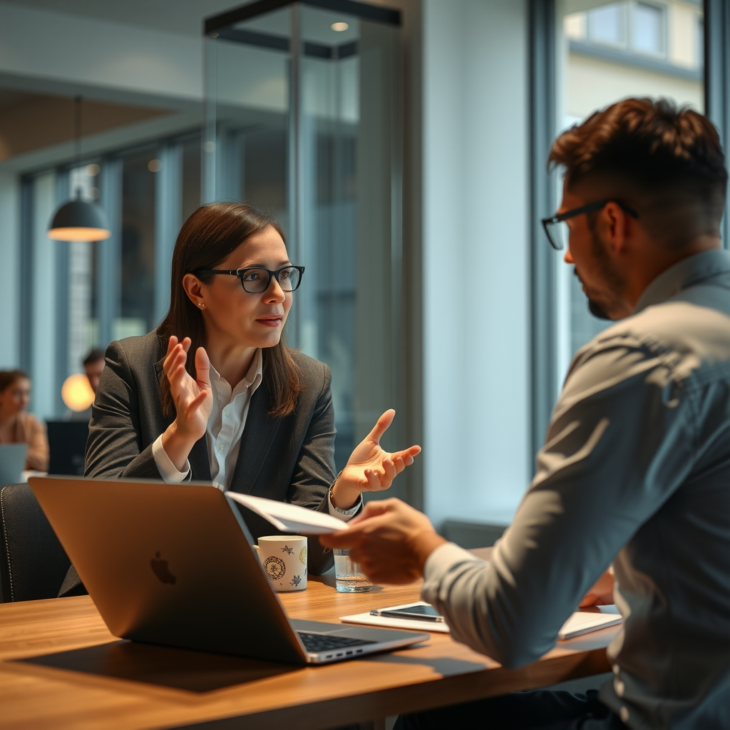 Business consultant conducting a customer interview in a modern office, with the interviewee gesturing while discussing their needs, laptop showing interview notes, professional and collaborative atmosphere
