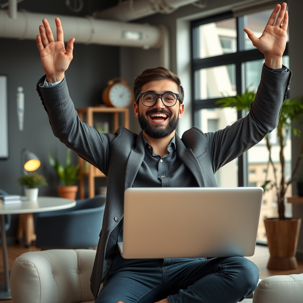 Entrepreneur celebrating successful business launch with laptop showing positive metrics and growth charts, professional office environment with natural lighting and modern decor