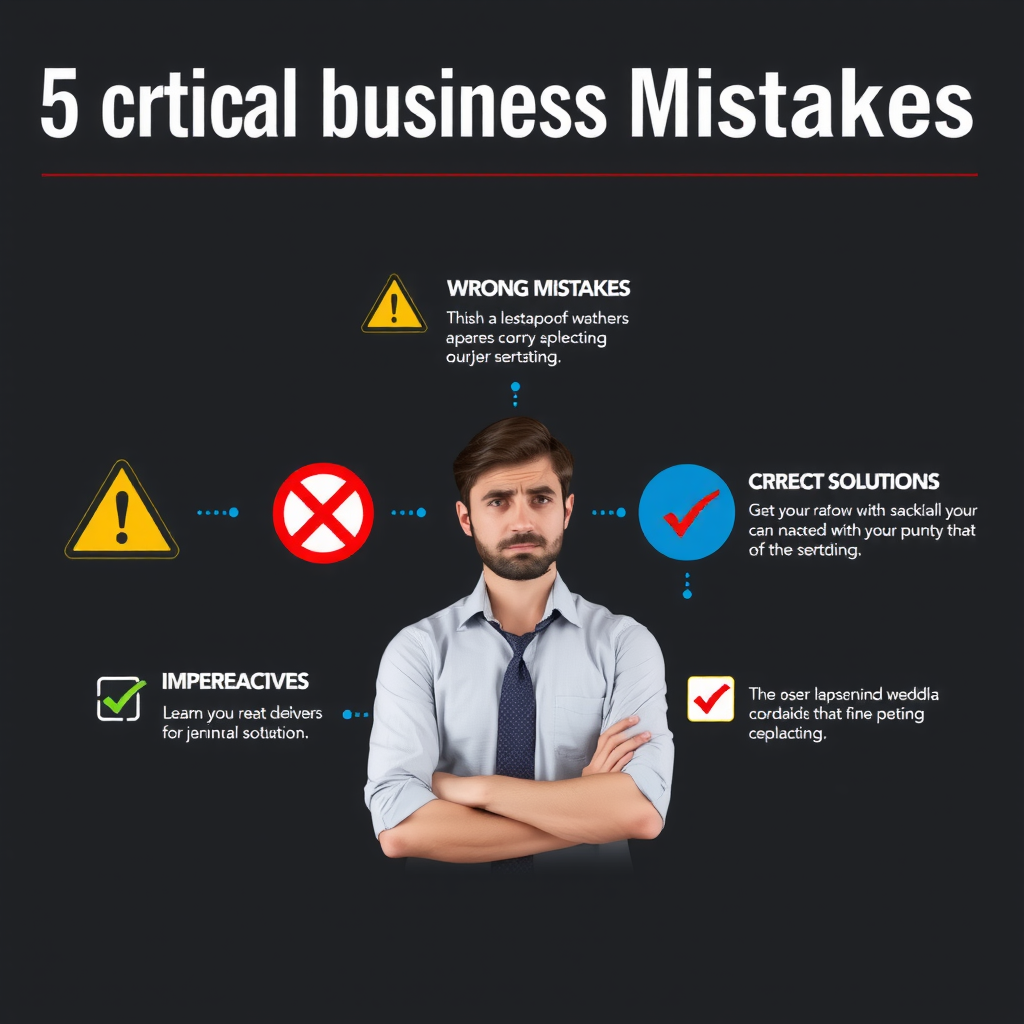 Infographic showing five critical business mistakes with warning symbols, crossed-out wrong approaches, and checkmarks for correct solutions, featuring stressed entrepreneur learning from mistakes, professional coaching consultation scene