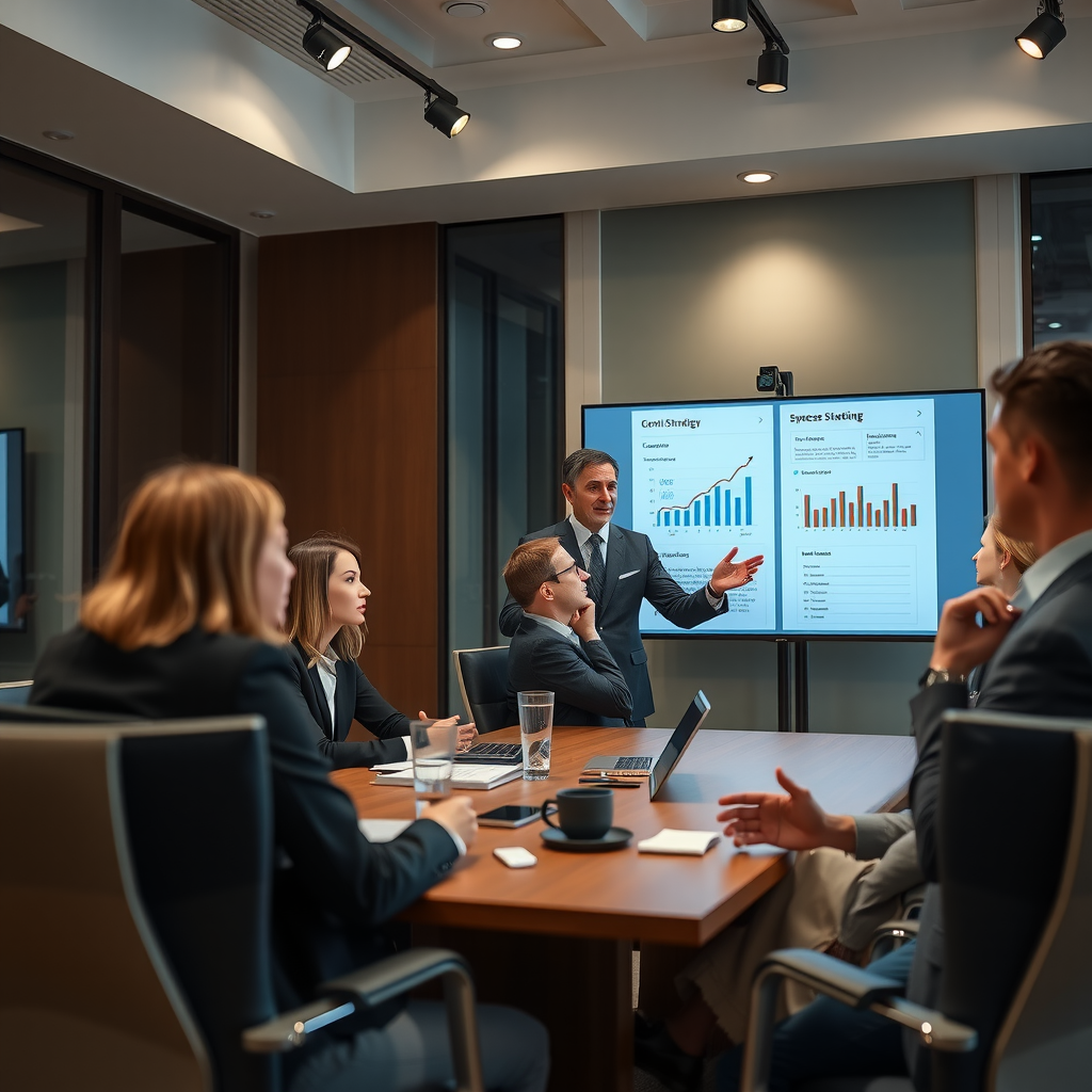 Professional consultant presenting business strategy on screen to engaged clients in modern conference room, confident body language, collaborative atmosphere