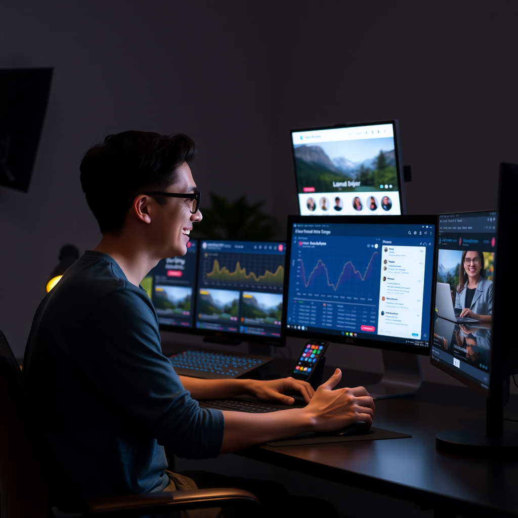 Entrepreneur at computer with multiple screens showing live website launch, analytics dashboard, customer support chat, coach providing real-time guidance, exciting launch moment