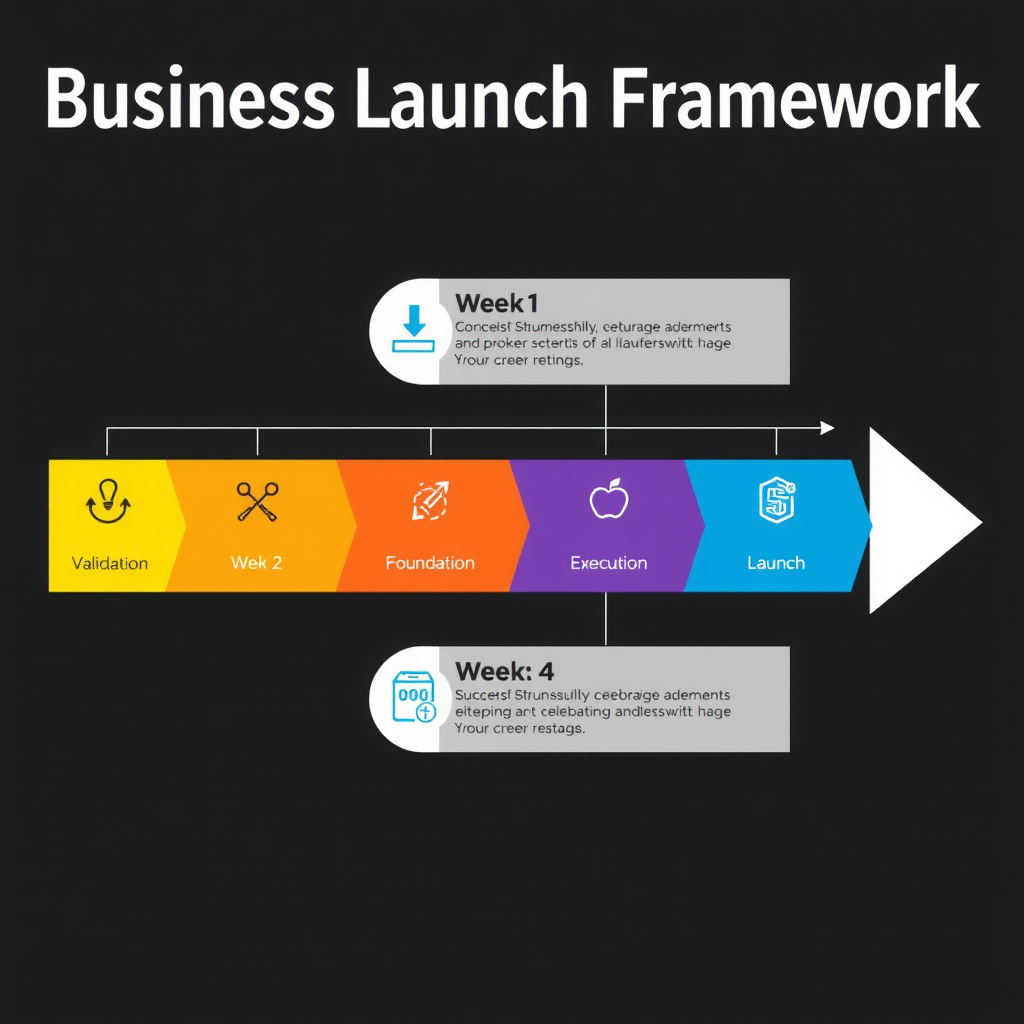 Detailed business launch framework diagram showing four weekly phases with icons and checkpoints: week 1 validation, week 2 foundation building, week 3 execution, week 4 launch, featuring successful StartupSprint clients celebrating milestones