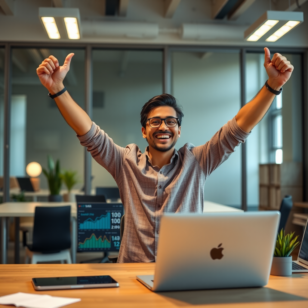 Happy entrepreneur celebrating business success at desk with laptop showing positive metrics, arms raised in victory, bright modern office environment, achievement and joy