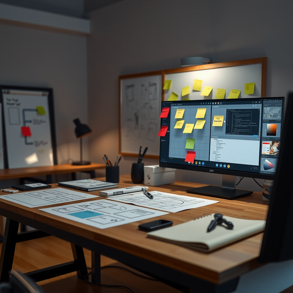 Lean product development workspace with wireframes, prototype sketches, agile board with sticky notes, developer tools on screen, rapid iteration process visualization
