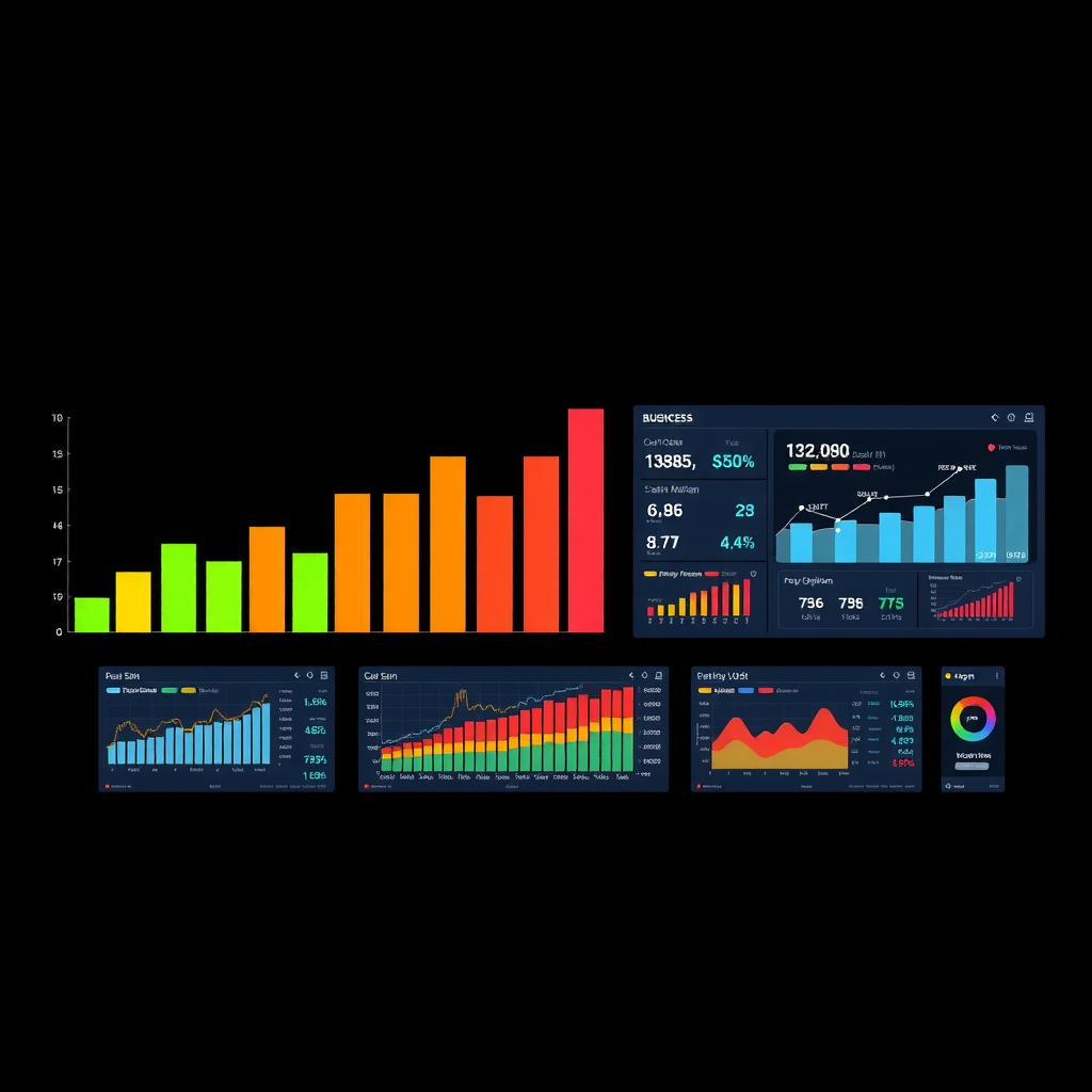 Business growth visualization with upward trending charts, customer acquisition funnel, revenue optimization dashboard, scaling operations diagram, success metrics on multiple screens